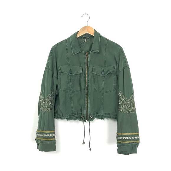 Free People Jackets & Blazers - Free People Women's M Extreme Cropped Embellished Military Jacket Olive Green A3
